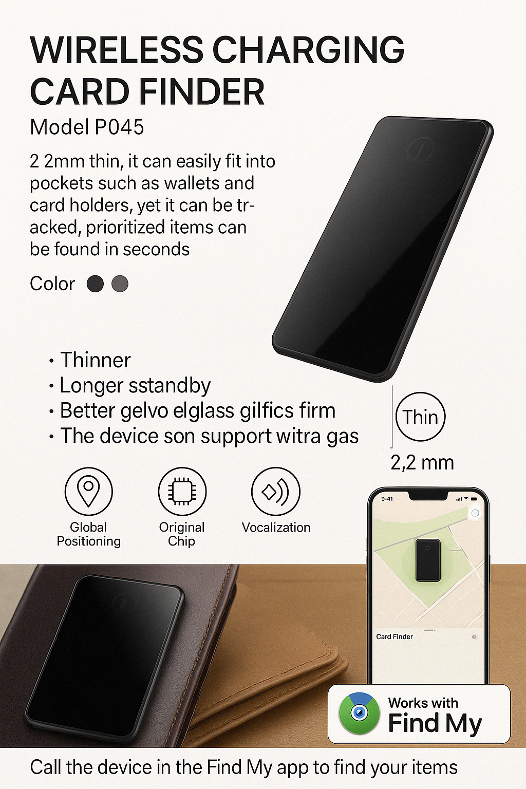 P045 Wallet Tracker Compatible with Apple Find My – 500mAh Rechargeable Wireless Qi Tile Tracker
