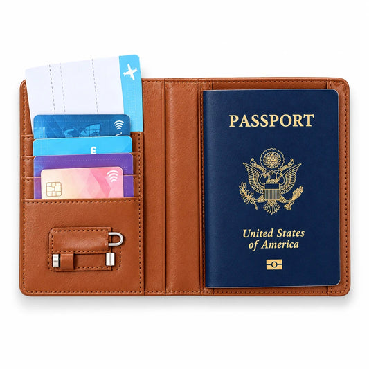 Current Brown K02 iOS passport holder open with passport and card pockets