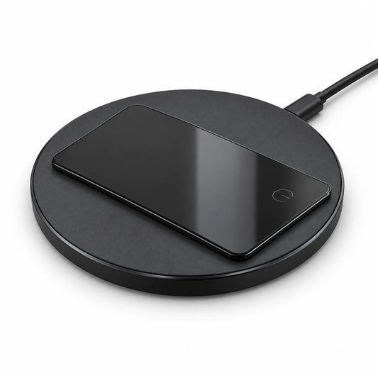 P45 wallet tracker card on a wireless charging pad; charger not included