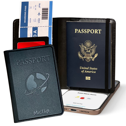 Black Ushuaia passport holder open with a passport and travel cards