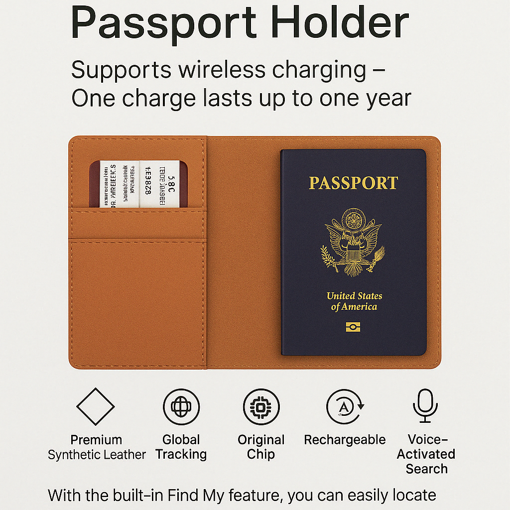 Smart Passport Holder [Apple MFi Certified] Built-in Tracker Compatible with Apple Find My (FMI) – Global Positioning – Qi Rechargeable (wireless charging) – 100 dB Alarm – iOS Only