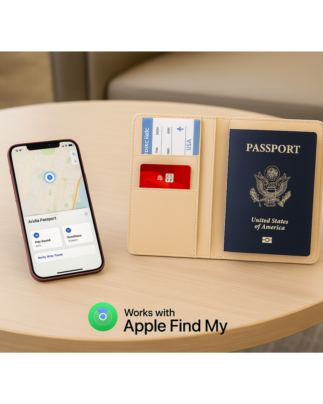 Smart Passport Holder [Apple MFi Certified] Built-in Tracker Compatible with Apple Find My (FMI) – Global Positioning – Qi Rechargeable (wireless charging) – 100 dB Alarm – iOS Only