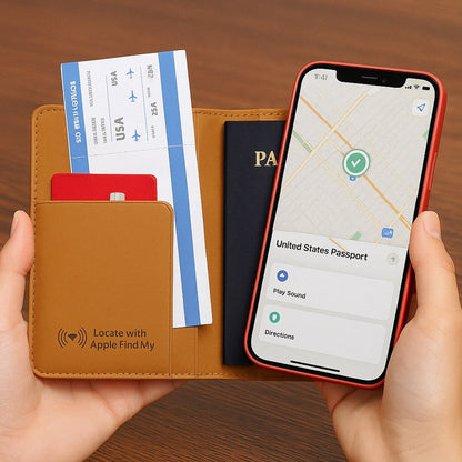Smart Passport Holder [Apple MFi Certified] Built-in Tracker Compatible with Apple Find My (FMI) – Global Positioning – Qi Rechargeable (wireless charging) – 100 dB Alarm – iOS Only
