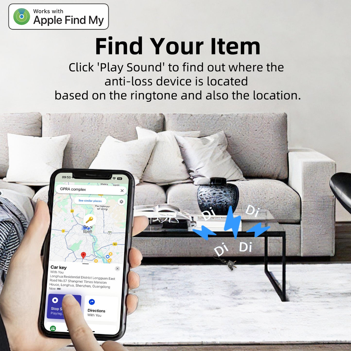 Mini Tracker [Apple MFi Certified] Global Positioning via Apple Find My (iOS Only) – Qi Rechargeable – 100 dB Alarm – Compact IP67 Locator for Keys, Bags & Luggage (iOS only)