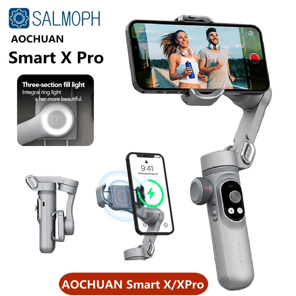 AOCHUAN Smart X Pro 3-Axis Foldable Handheld Gimbal Stabilizer with Fill Light Wireless Charging For Smart Phone Action Camera