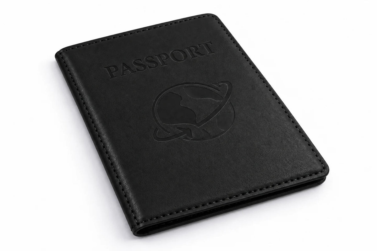 Black K02 passport holder with stitched edges and embossed travel design