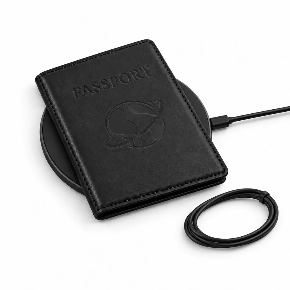 K02 Passport Holder — Dual System on a wireless charging pad