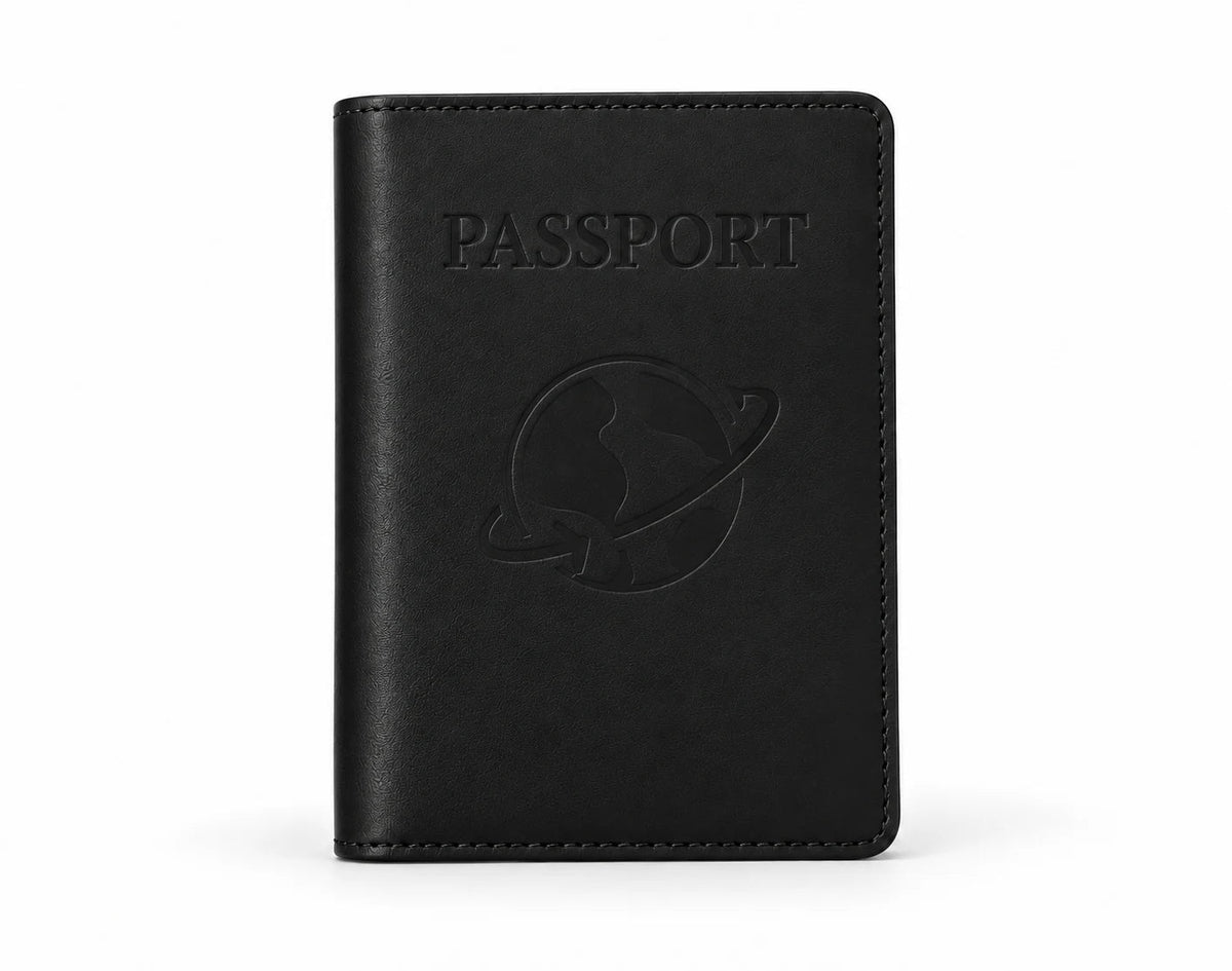 Complete front view of the black K02 passport holder