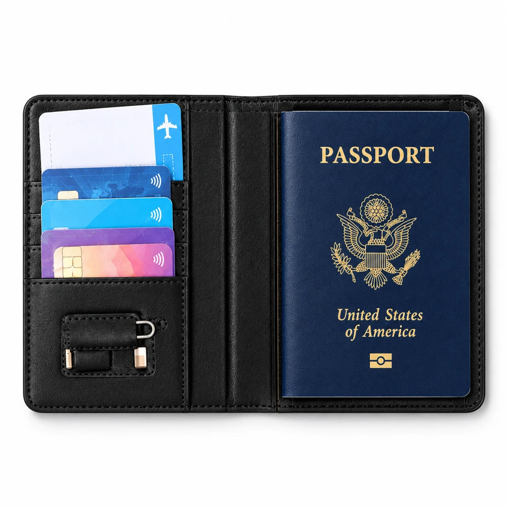 K02 Passport Holder — Dual System open with passport and card pockets
