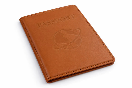 Brown K02 passport holder in three-quarter view