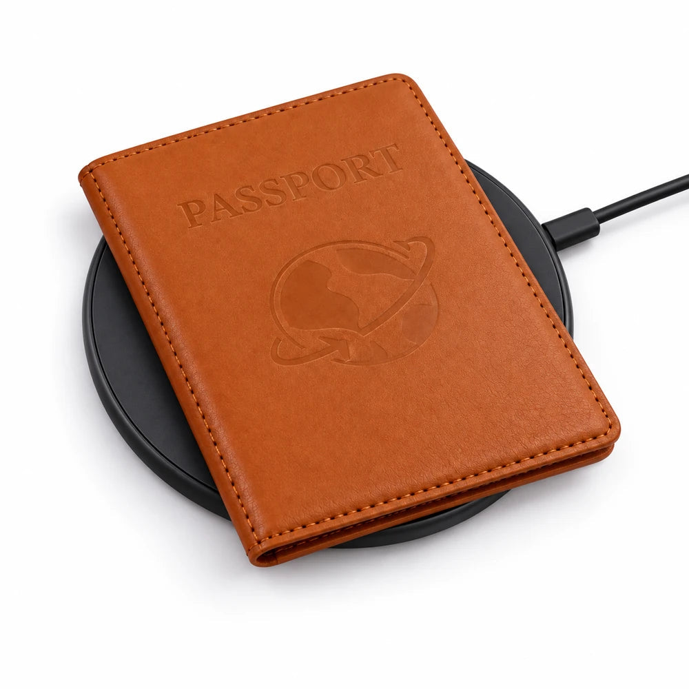K02 Passport Holder — iOS Only on a wireless charging pad