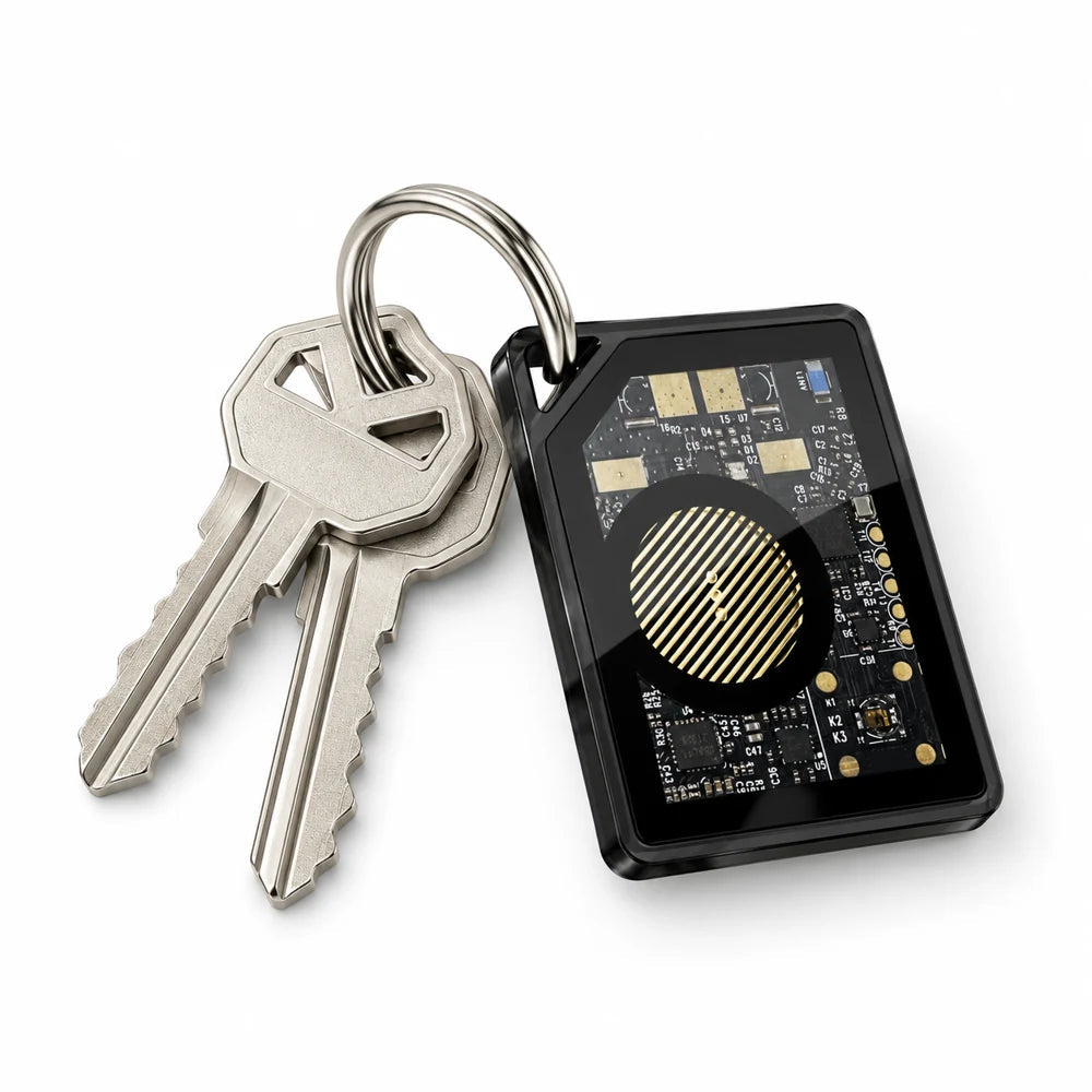 P21 mini key finder attached to a keyring with two house keys