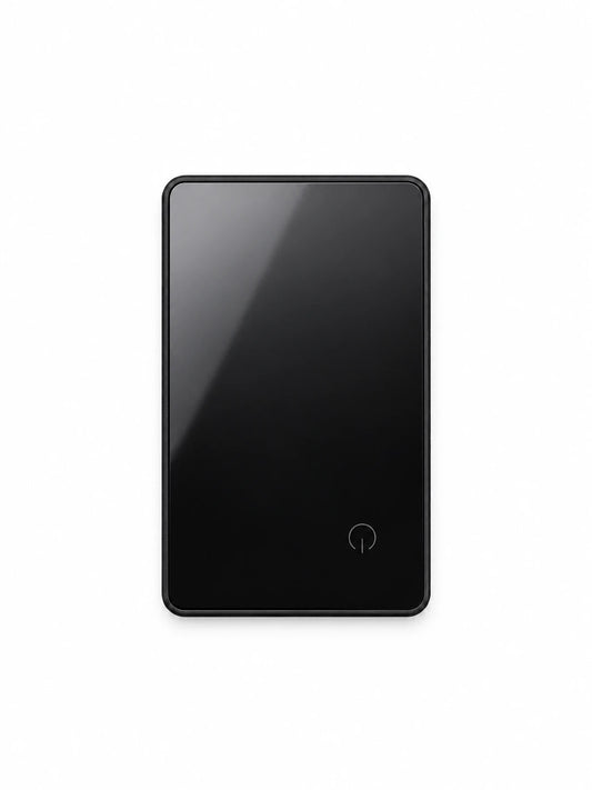 P45 black glass wallet tracker card with power button